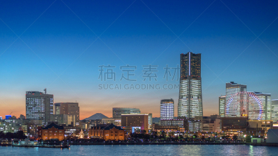 横滨,曙暮光,城市天际线,日本,海湾,港区,横滨高速铁路,水平画幅,夜晚,无人