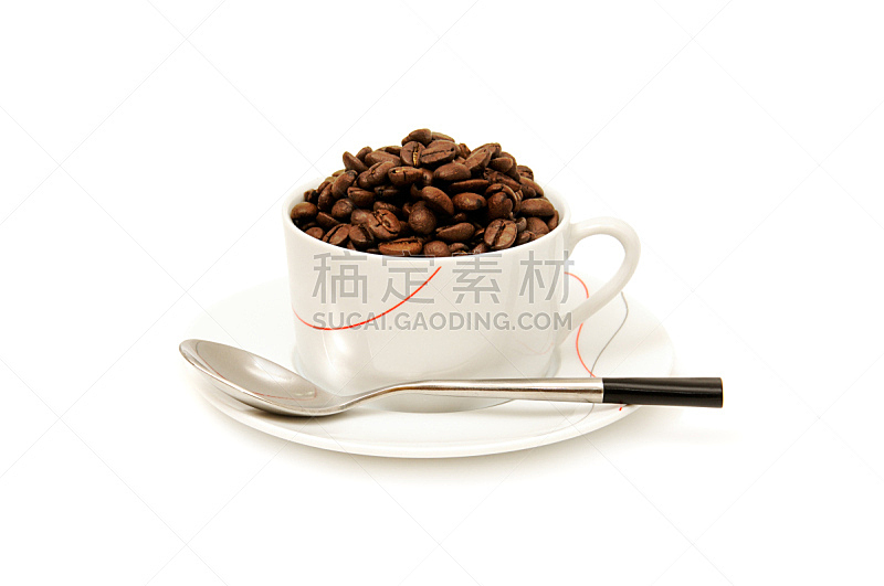 咖啡杯,烤咖啡豆,褐色,水平画幅,无人,茶碟,饮料,白色,彩色图片,大特写