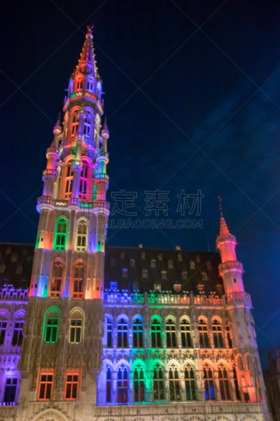 布鲁塞尔大广场,夜晚,比利时,布鲁塞尔,市政厅,布鲁塞尔市,文艺复兴,广场,垂直画幅,纪念碑