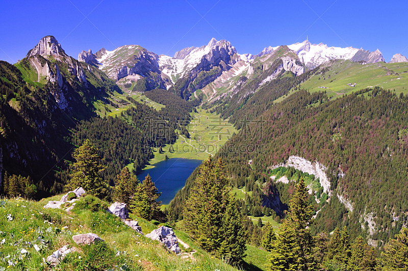 蓝湖,瑞士阿尔卑斯山,小的,水,水平画幅,桑蒂斯,无人,夏天,户外,湖