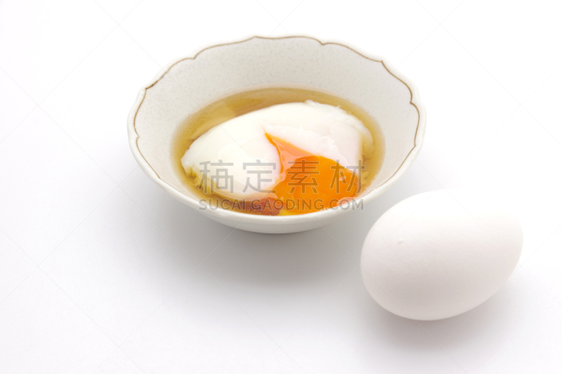 卵,温泉,半熟的鸡蛋,水平画幅,食品杂货,鸡蛋,日本,鱼汤肉汤,膳食,白色背景