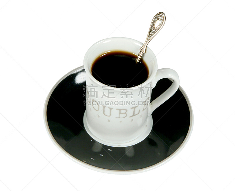 黑咖啡,汤匙,杯,早餐,水平画幅,无人,茶碟,白色背景,背景分离,饮料