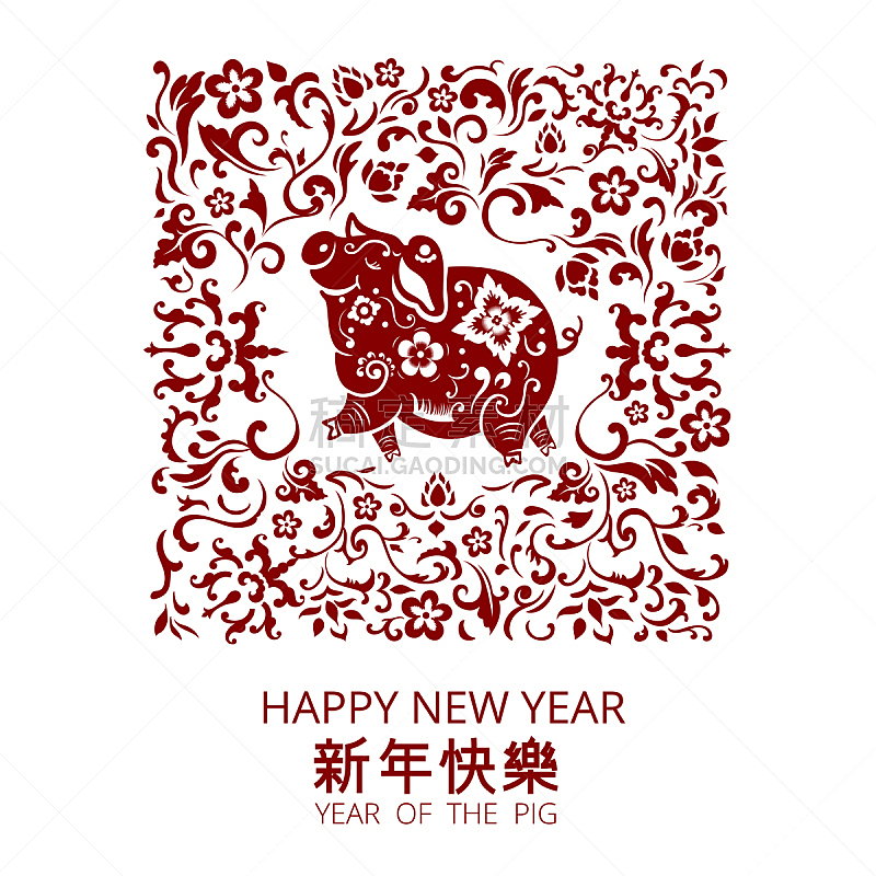 贺卡,猪,红色,白色,2019,新年前夕,无人,绘画插图,符号,方形画幅