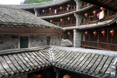 房屋,客家族,灯笼,水平画幅,无人,蒂卢,福建省,户外,厦门,屋顶