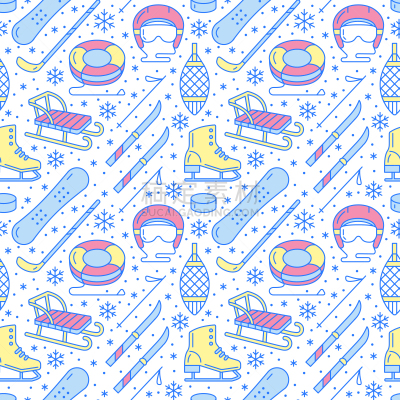Winter sports blue seamless pattern, equipment rental at ski resort. Vector flat line icons - skates, hockey sticks, sleds, snowboard, snow tubing. Cold season outdoor activities