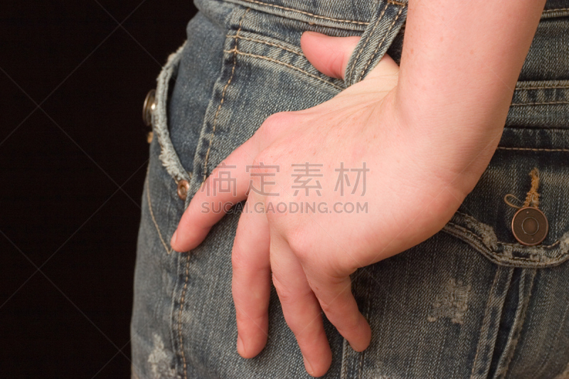 粗斜纹棉布,大特写,带环,水平画幅,仿旧磨损的效果,衣服,蓝色,古老的,时尚,人