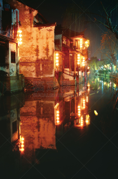 古典式,建筑,周庄,苏州,垂直画幅,水,天空,灯笼,夜晚,无人