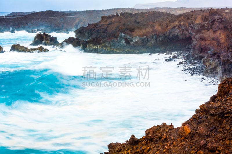 兰萨罗特岛,海岸线,波形,巨大的,普拉亚布兰卡,水,暴风雨,洞,水平画幅,无人