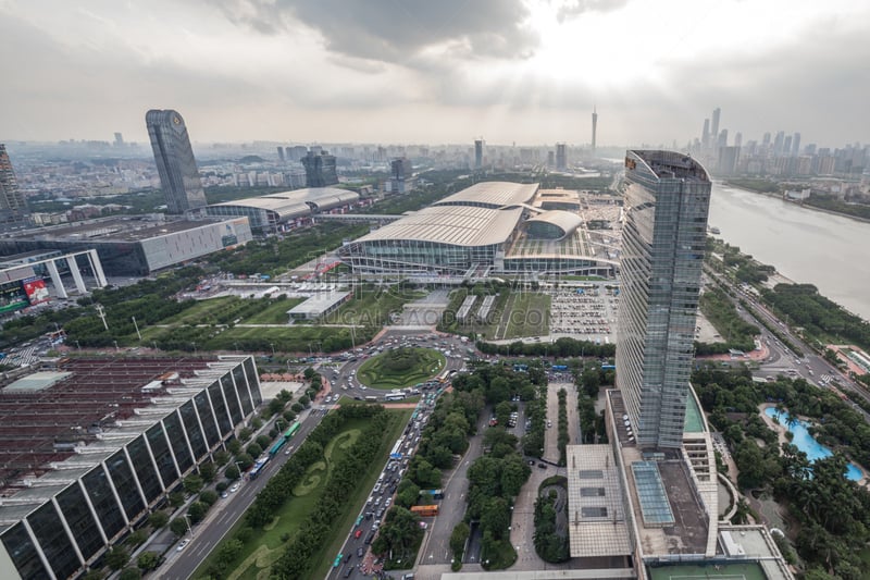 广州,高视角,都市风景,中心,珀尔里福,天空,水平画幅,无人,交通,户外