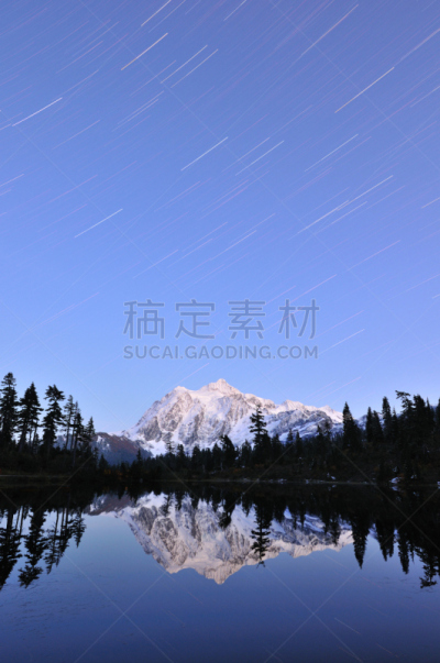 舒克森山,夜晚,星星,垂直画幅,星迹,雪,无人,曙暮光,山,华盛顿州