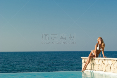 游泳池,在边上,比基尼,女人,白色,无边际泳池,晒黑,水,天空,美