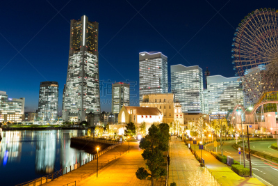 横滨,城市,夜晚,水,水平画幅,无人,户外,滨水,都市风景,现代