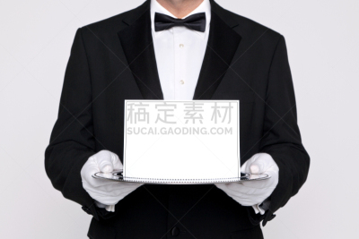 管家,空白的,在上面,银色,餐盘,拿着,纸牌,车前接待,无尾礼服,空的