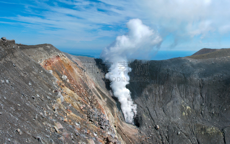 俄罗斯,岛,火山,水平画幅,火山地形,泥土,夏天,户外,烟,硫磺