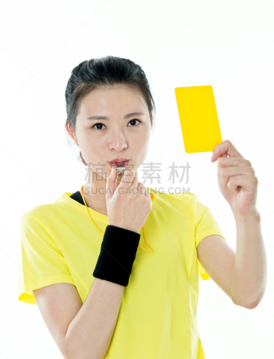 黄牌,青年人,女人,拿着,吹口哨,裁判,口哨,警告标志,垂直画幅,正面视角