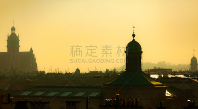 克拉科夫,屋顶,高视角,轮廓,波兰,曙暮光,橙色,全景,图像,日光