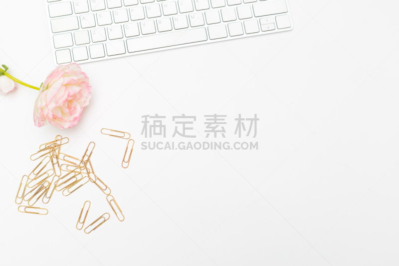 办公室,回形针,白色背景,计算机键盘,黄金,平铺,留白,水平画幅,肉汁,正上方视角