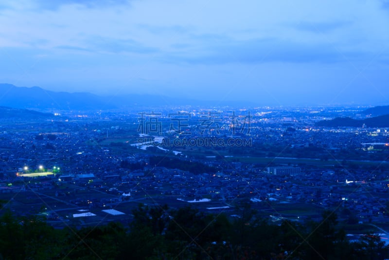 黄昏,长野城,天空,美,城镇景观,信浓川,水平画幅,高视角,长野县,无人