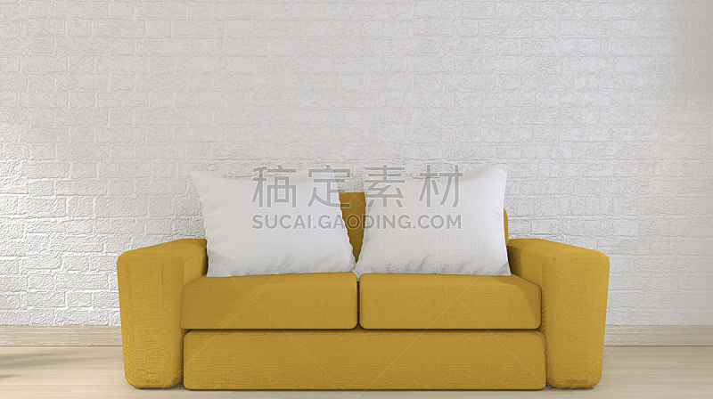 三维图形,黄色,白色,木制,极简构图,沙发,室内地面,砖墙,教练,空白的