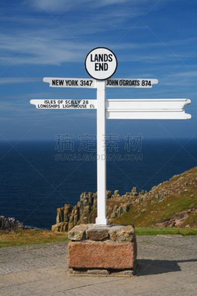 兰兹角,悬崖,海洋,方向标,白色,在上面,背景,land's end,康沃尔,垂直画幅