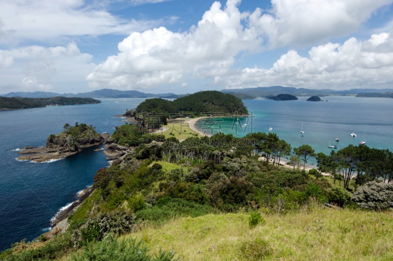 岛,新西兰,海湾,水平画幅,山,沙子,海港,夏天,户外,海滩