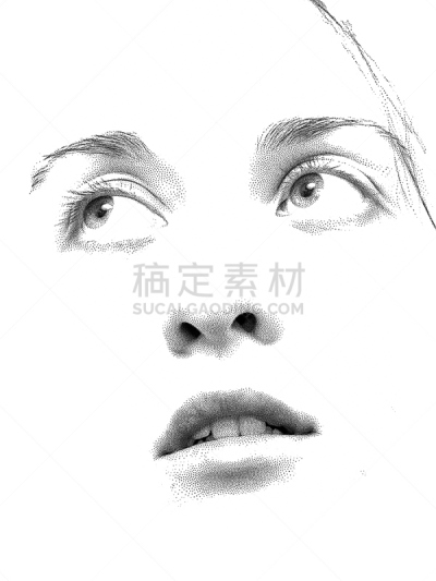 点画效果,垂直画幅,人的嘴,斑点,白色背景,肖像,人的眼睛,人的鼻子,黑色背景