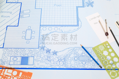 游泳池,园林,假日别墅,蓝图,计划书,后院,绘画插图,水平画幅,别墅,草坪
