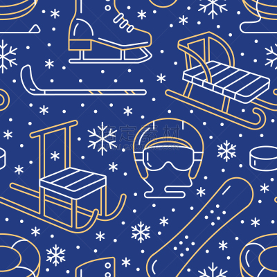 Winter sports blue seamless pattern, equipment rental at ski resort. Vector flat line icons - skates, hockey sticks, sleds, snowboard, snow tubing. Cold season outdoor activities, snowflakes