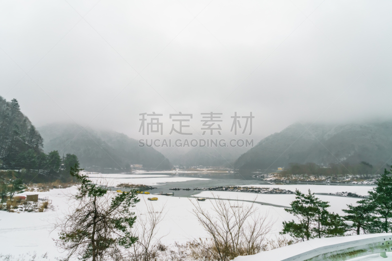 精进湖,冬天,自然,水平画幅,地形,雪,无人,日本,户外,湖