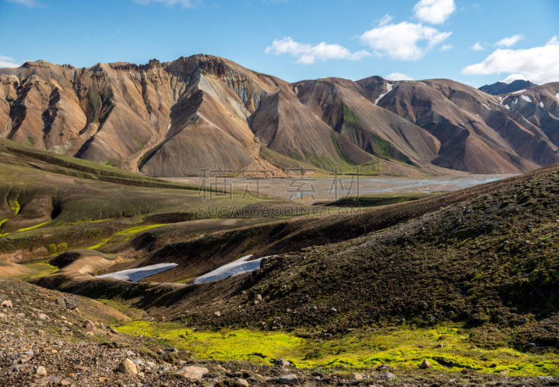 火山,兰德玛纳,fjallabak nature reserve,冰岛国,山,灰色,橙色,雪,草,色彩鲜艳