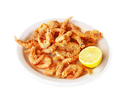 柠檬,虾,炸制食物,白色,盘子,水平画幅,无人,开胃品,膳食,海产