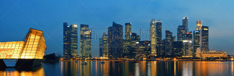 新加坡,城市天际线,滨海湾 ,水平画幅,建筑,夜晚,无人,全景,黄昏,户外