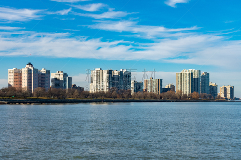 芝加哥市,城市天际线,滨水市,密歇根湖,摄像机拍摄角度,公园,海岸线,湖,夏天,户外