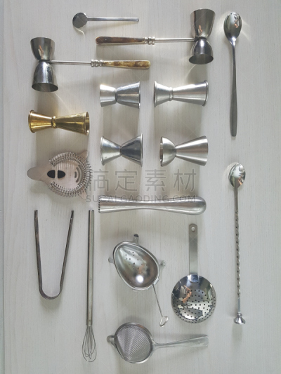 设备用品,调酒师,平铺,水平画幅,过滤勺,无人,饮料,金属,白色,搅拌钵