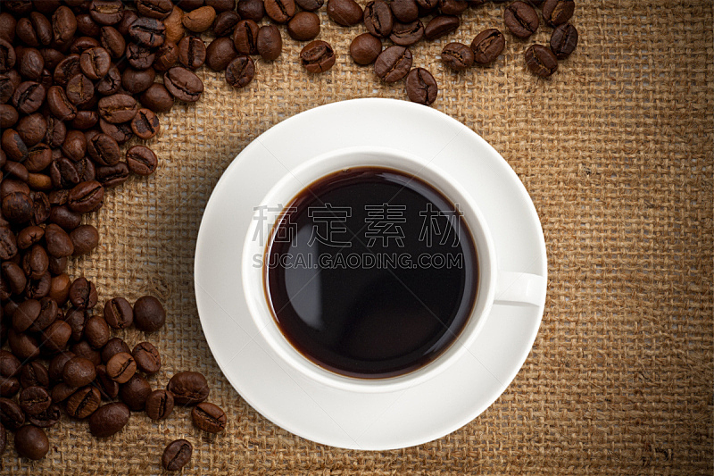 粗麻布,咖啡杯,背景,烤咖啡豆,褐色,式样,水平画幅,无人,茶碟,正上方视角