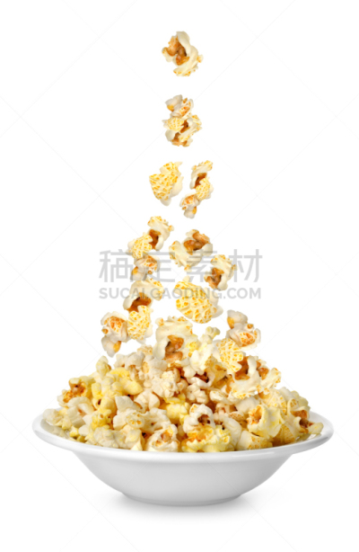 爆米花,盘子,餐具,垂直画幅,无人,不健康食物,白色背景,背景分离,小吃,陶瓷制品