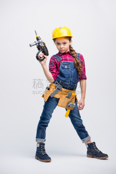 工具带,女孩,工装背带裤,园艺器具,毒蘑菇,垂直画幅,正面视角,建筑承包商,进行中,娃娃