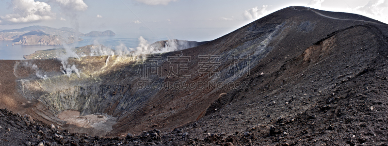 烟,火山,北,山,桨叉架船,侧面视角,喷硫火山口,斯托伦波里岛,帕那瑞亚,结壳熔岩