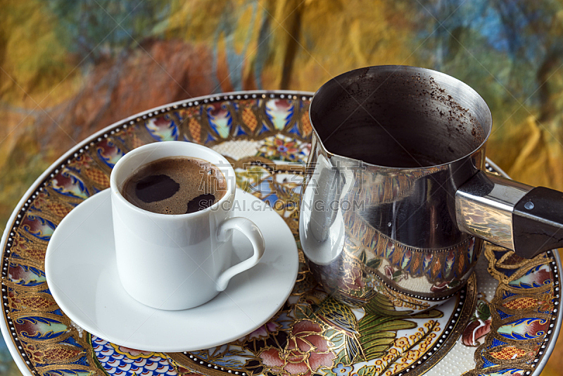 咖啡,土耳其式咖啡壶,土耳其清咖啡,烤咖啡豆,咖啡馆,煮食,水平画幅,无人,咖啡杯,盘子