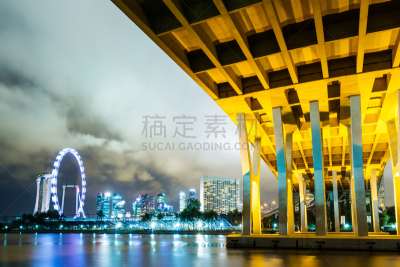 新加坡市,低视角,宁静,旅游目的地,水平画幅,新加坡,建筑,夜晚,无人,城市生活