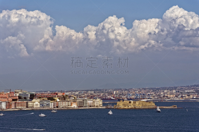 水,天空,水平画幅,无人,海港,蓝色,那不勒斯海湾,户外,要塞,岛