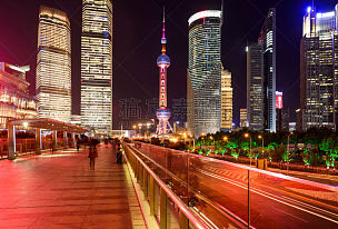 上海,陆家嘴,夜晚,明亮,现代,街道,旅游目的地,中国,闪亮的,色彩鲜艳