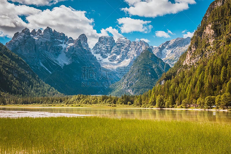 湖,山,自然美,多洛米蒂山脉,水,水平画幅,无人,夏天,户外,世界遗产