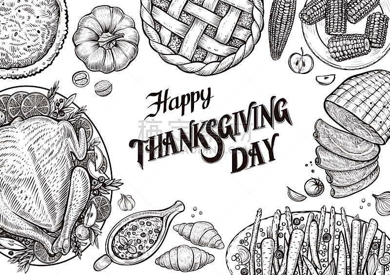 Dinner table, top view. Template with vector illustrations of food for tradition Thanksgiving day menu.