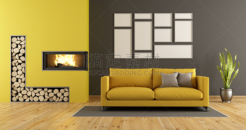 壁炉,黑色,黄色,起居室,软垫,镶花地板,边框,水平画幅,墙,无人