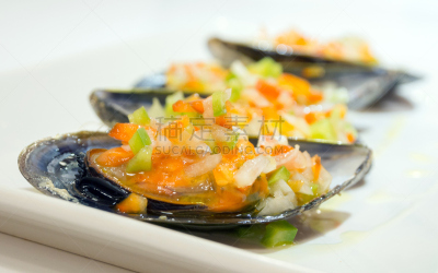 油醋汁,餐具,水平画幅,贻贝,无人,法式食品,海产,肉,白色,晚餐