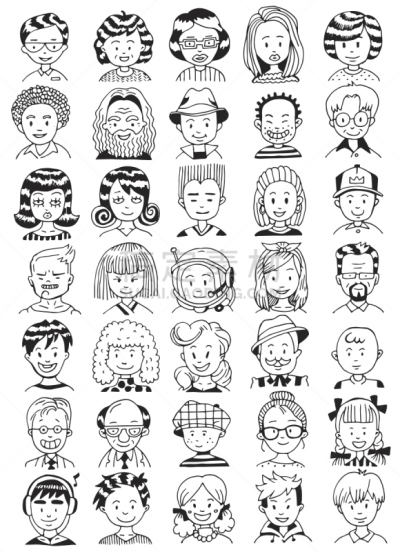 线条画,人的脸部,人,黑白图片,多样,肖像,绘画插图,卡通,矢量,女人