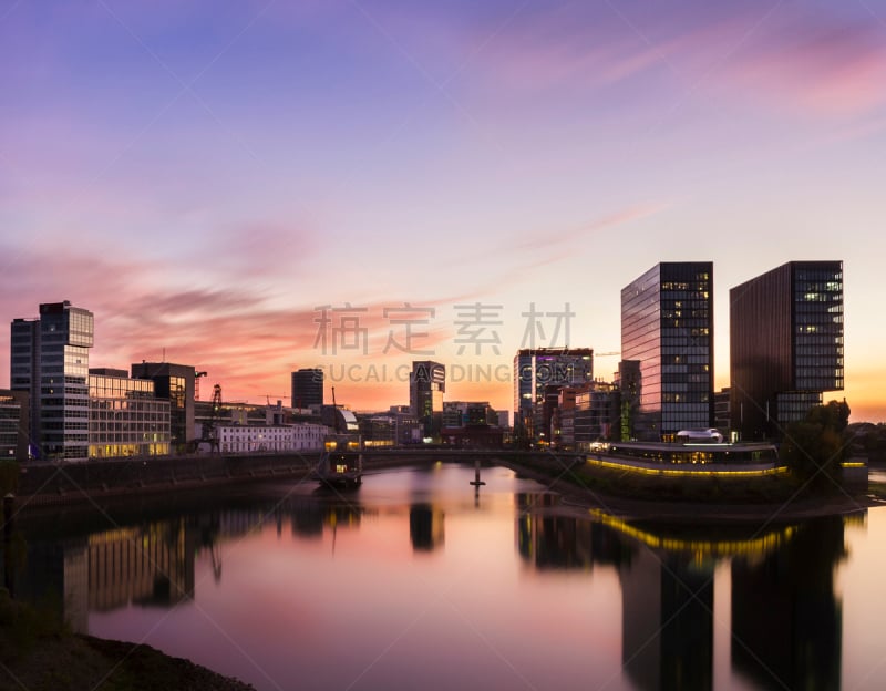 Harbour of Düsseldorf (Duesseldorf) during sunset, Medienhafen