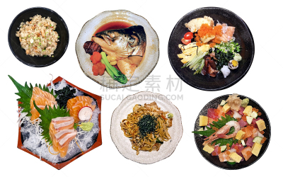 多样,分离着色,白色背景,日本食品,背景分离,主菜盘,上菜,度假胜地,水平画幅,开胃品