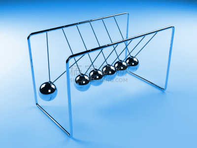Newton's cradle in motion, silver cradle surrounded by blue light, 3D illustration